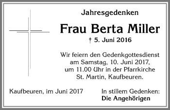 Traueranzeige von Berta Miller von Allgäuer Zeitung, Kaufbeuren/Buchloe