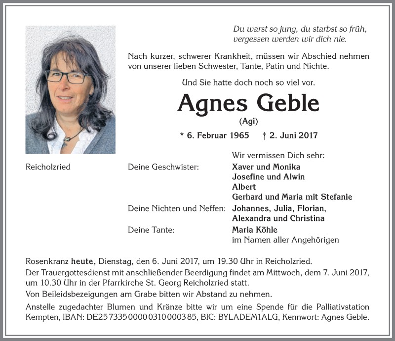  Traueranzeige für Agnes Geble vom 06.06.2017 aus Allgäuer Zeitung,Kempten