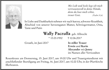Traueranzeige von Wally Paczulla von Memminger Zeitung