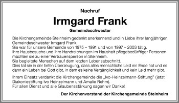 Traueranzeige von Irmgard Frank von Memminger Zeitung