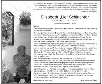 Traueranzeige von Elisabeth Schlachter von Der Westallgäuer