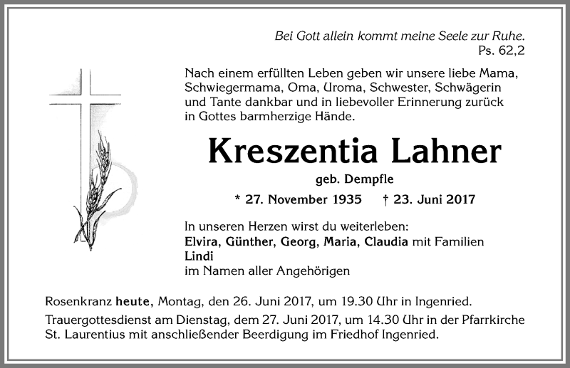  Traueranzeige für Kreszentia Lahner vom 26.06.2017 aus Allgäuer Zeitung, Kaufbeuren/Buchloe