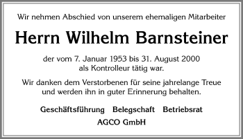 Traueranzeige von Wilhelm Barnsteiner von Allgäuer Zeitung, Marktoberdorf