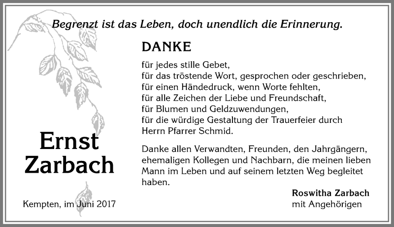  Traueranzeige für Ernst Zarbach vom 28.06.2017 aus Allgäuer Zeitung,Kempten
