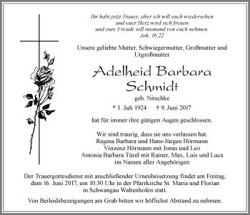 Traueranzeige von Adelheid Barbara Schmidt von Allgäuer Zeitung, Füssen