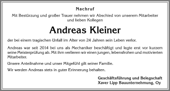Traueranzeige von Andreas Kleiner von Allgäuer Zeitung