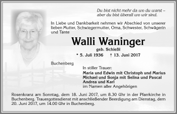 Traueranzeige von Walli Waninger von Allgäuer Zeitung,Kempten