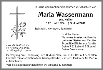 Traueranzeige von Maria Wassermann von Memminger Zeitung
