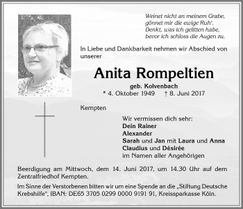 Traueranzeige von Anita Rompeltien von Allgäuer Zeitung,Kempten