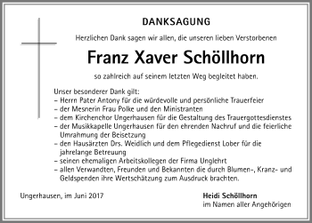 Traueranzeige von Franz Xaver Schöllhorn von Memminger Zeitung