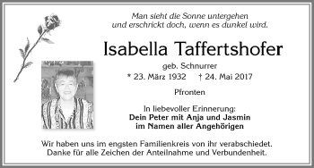 Traueranzeige von Isabella Taffertshofer von Allgäuer Zeitung, Füssen