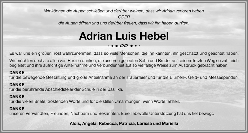  Traueranzeige für Adrian Luis Hebel vom 03.06.2017 aus Memminger Zeitung