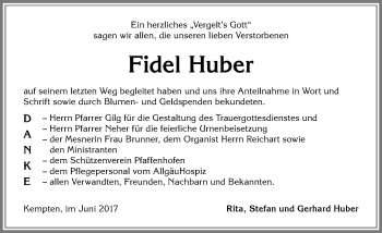 Traueranzeige von Fidel Huber von Allgäuer Zeitung,Kempten