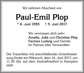 Traueranzeige von Paul-Emil Plop von Allgäuer Zeitung,Kempten