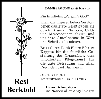 Traueranzeige von Resl Berktold von Allgäuer Anzeigeblatt