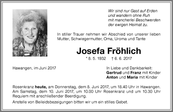 Traueranzeige von Josefa Fröhlich von Memminger Zeitung