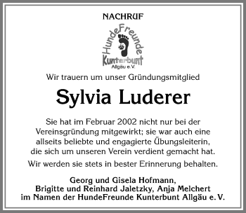 Traueranzeige von Sylvia Luderer von Allgäuer Zeitung, Kaufbeuren/Buchloe