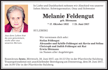 Traueranzeige von Melanie Feldengut von Allgäuer Anzeigeblatt
