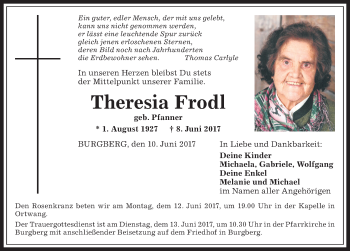 Traueranzeige von Theresia Frodl von Allgäuer Anzeigeblatt