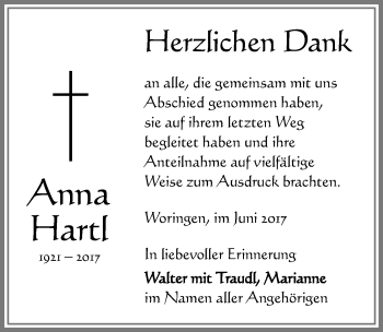 Traueranzeige von Anna Hartl von Memminger Zeitung