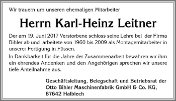 Traueranzeige von Karl-Heinz Leitner von Allgäuer Zeitung, Füssen