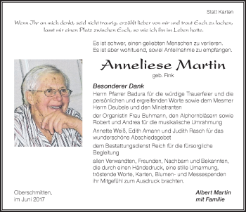 Traueranzeige von Anneliese Martin von Der Westallgäuer