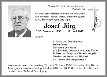 Traueranzeige von Josef Jörg von Allgäuer Zeitung,Kempten