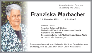 Traueranzeige von Franziska Marbacher von Allgäuer Zeitung,Kempten