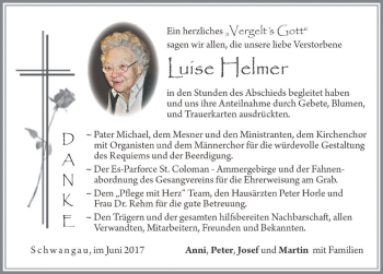 Traueranzeige von Luise Helmer von Allgäuer Zeitung, Füssen