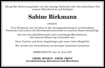 Traueranzeige von Sabine Birkmann von Allgäuer Anzeigeblatt