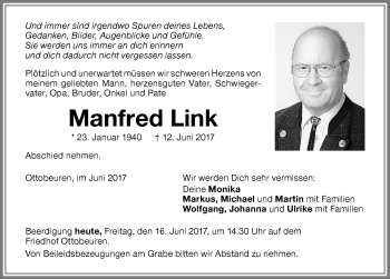 Traueranzeige von Manfred Link von Memminger Zeitung
