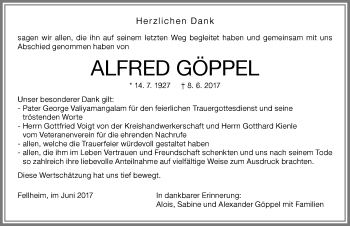 Traueranzeige von Alfred Göppel von Memminger Zeitung