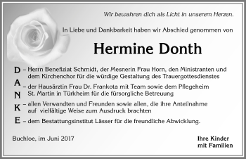 Traueranzeige von Hermine Donth von Allgäuer Zeitung, Kaufbeuren/Buchloe