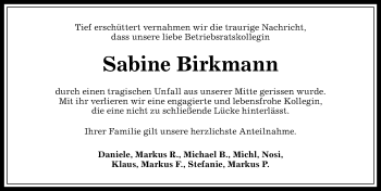 Traueranzeige von Sabine Birkmann von Allgäuer Anzeigeblatt