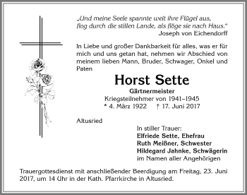 Traueranzeige von Horst Sette von Allgäuer Zeitung,Kempten