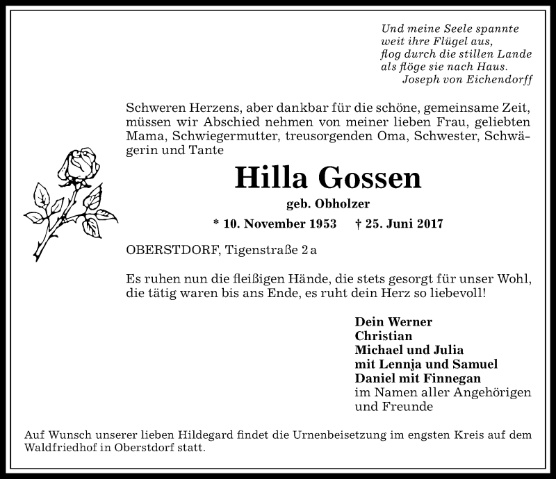  Traueranzeige für Hilla Gossen vom 28.06.2017 aus Allgäuer Anzeigeblatt