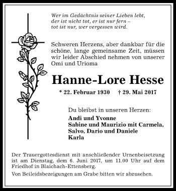 Traueranzeige von Hanne-Lore Hesse von Allgäuer Anzeigeblatt