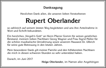 Traueranzeige von Rupert Oberlander von Allgäuer Zeitung,Kempten