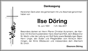 Traueranzeige von Ilse Döring von Memminger Zeitung