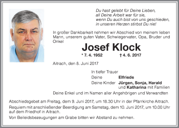 Traueranzeige von Josef Klock von Memminger Zeitung