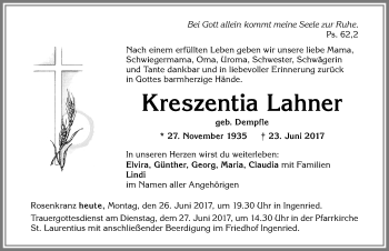 Traueranzeige von Kreszentia Lahner von Allgäuer Zeitung, Kaufbeuren/Buchloe