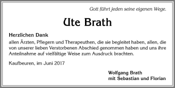 Traueranzeige von Ute Brath von Allgäuer Zeitung, Kaufbeuren/Buchloe