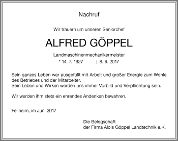 Traueranzeige von Alfred Göppel von Memminger Zeitung