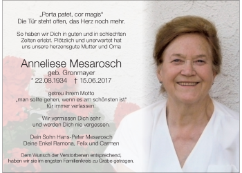 Traueranzeige von Anneliese Mesarosch von Der Westallgäuer