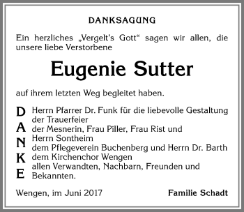 Traueranzeige von Eugenie Sutter von Allgäuer Zeitung,Kempten