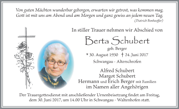 Traueranzeige von Berta Schubert von Allgäuer Zeitung, Füssen