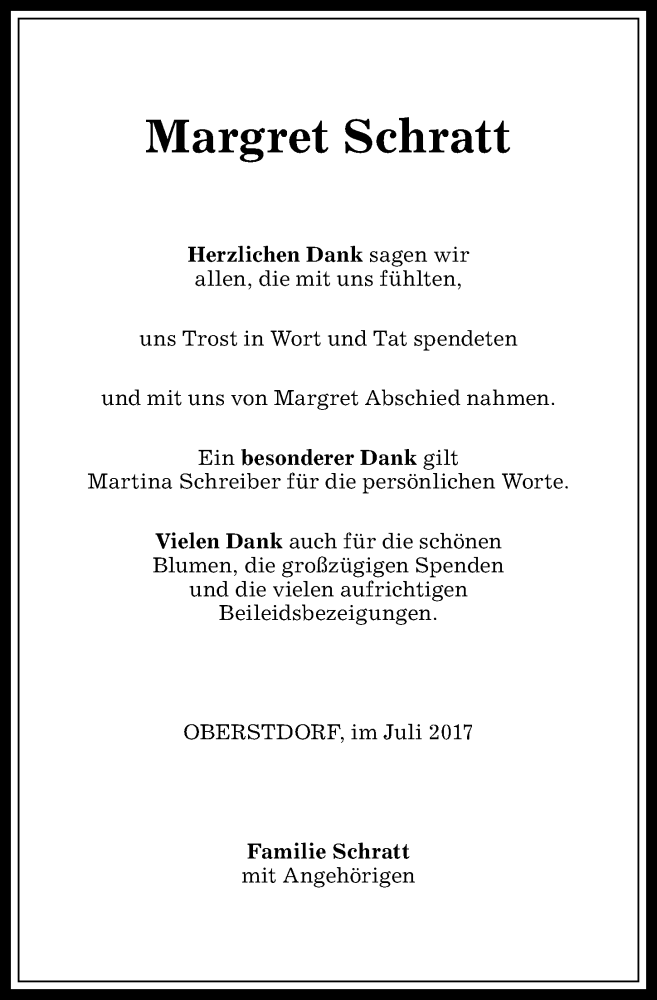  Traueranzeige für Margret Schratt vom 06.07.2017 aus Allgäuer Anzeigeblatt