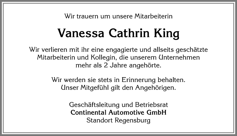  Traueranzeige für Vanessa Cathrin King vom 04.07.2017 aus Allgäuer Zeitung,Kempten