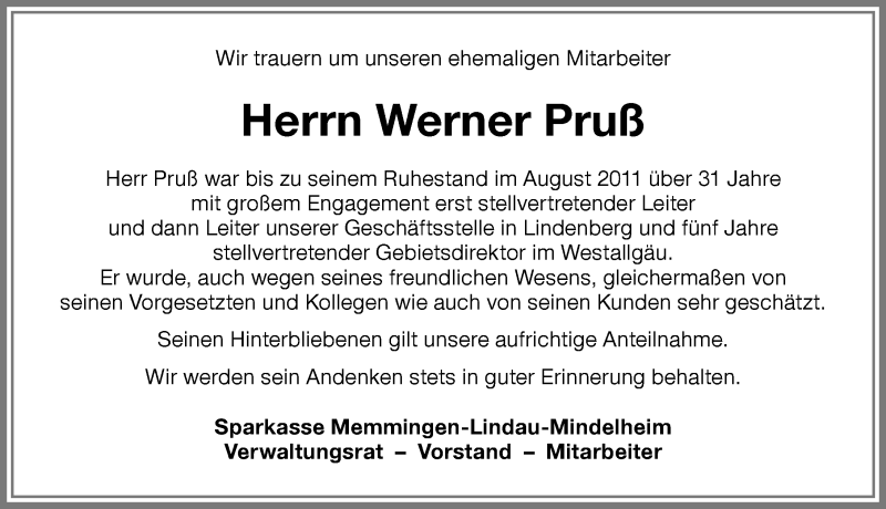  Traueranzeige für Werner Pruß vom 20.07.2017 aus Der Westallgäuer