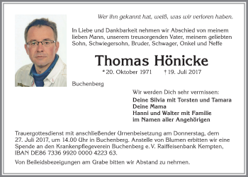 Traueranzeige von Thomas Hönicke von Allgäuer Zeitung,Kempten